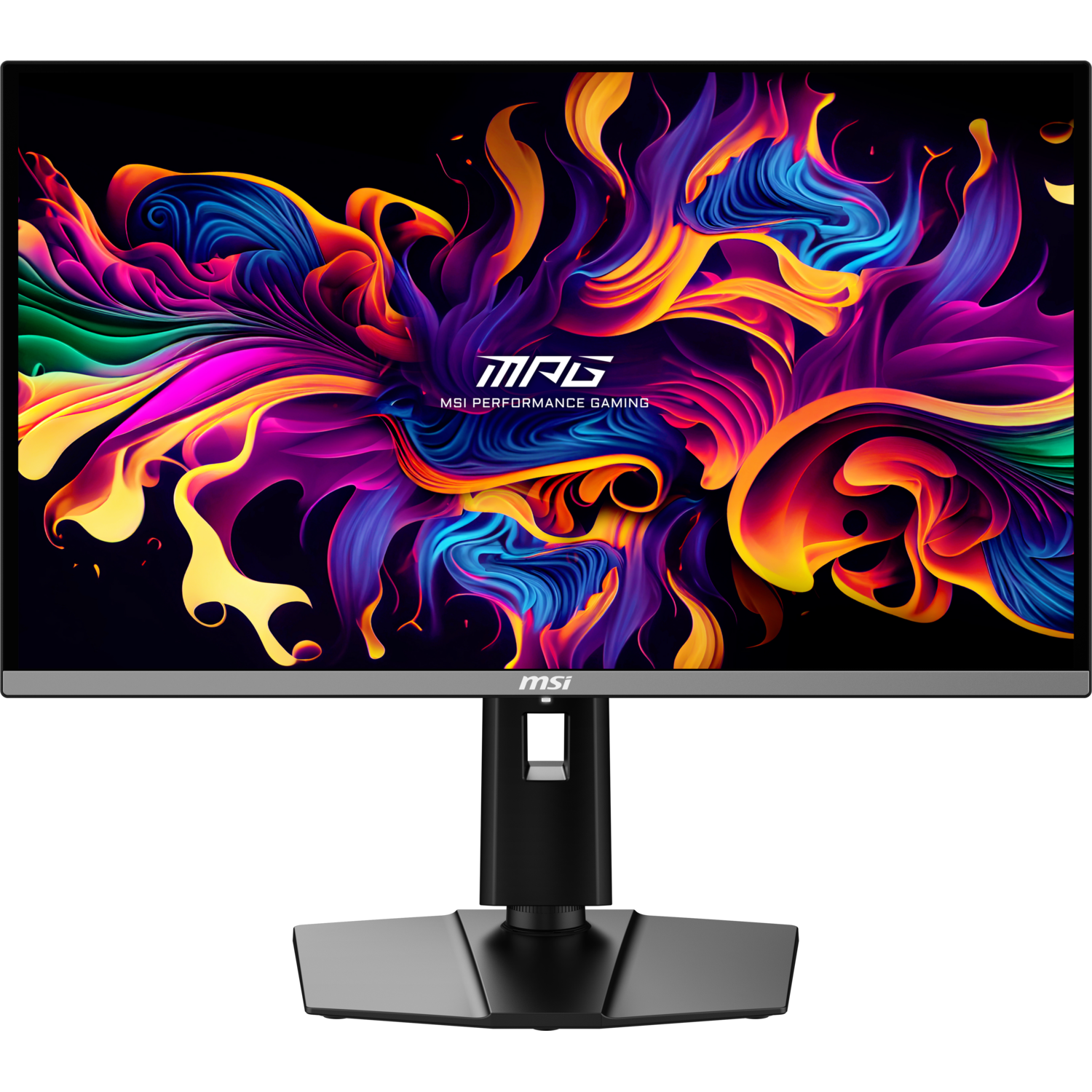 MSI monitor met kleurrijke abstracte kunst, zwarte standaard en rand.