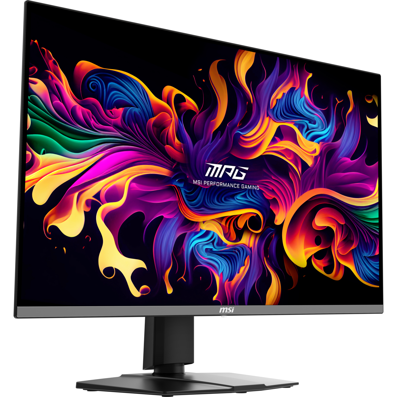 MSI monitor with colorful abstract art on screen. Black stand and bezel. Black background.