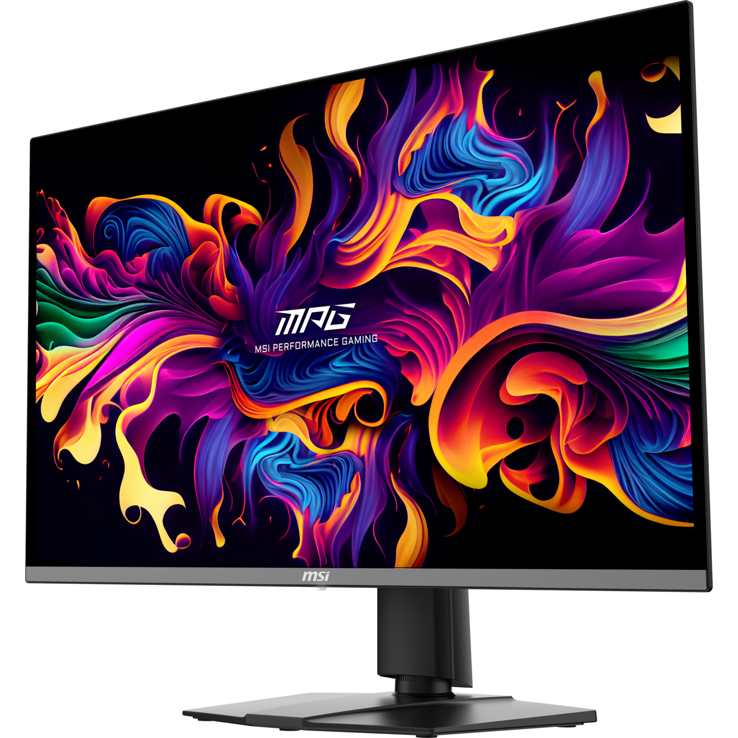 MSI monitor with colorful abstract art on screen. Black stand and bezel. Black background.