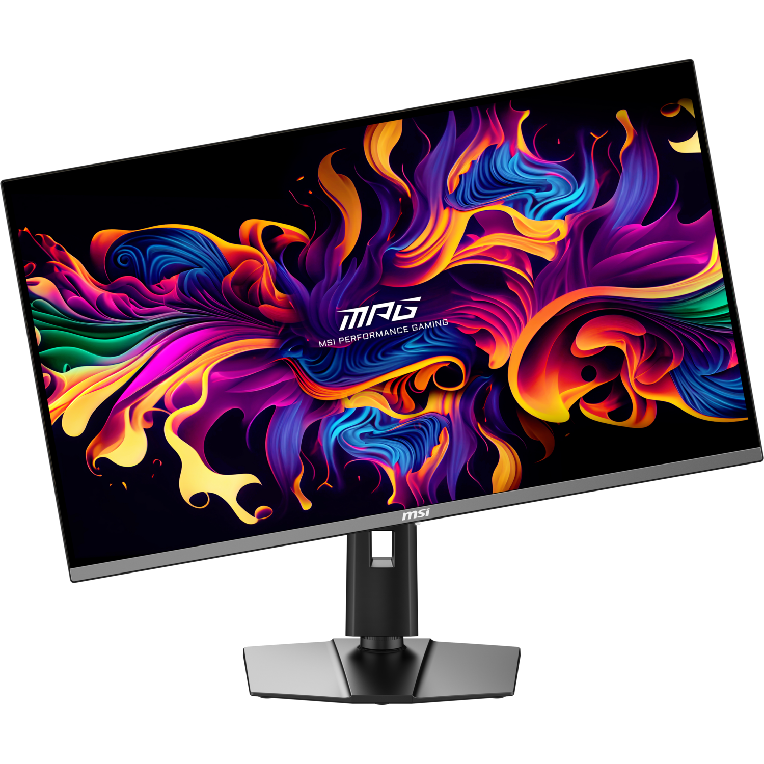 MSI monitor with colorful abstract art. Black stand and frame.