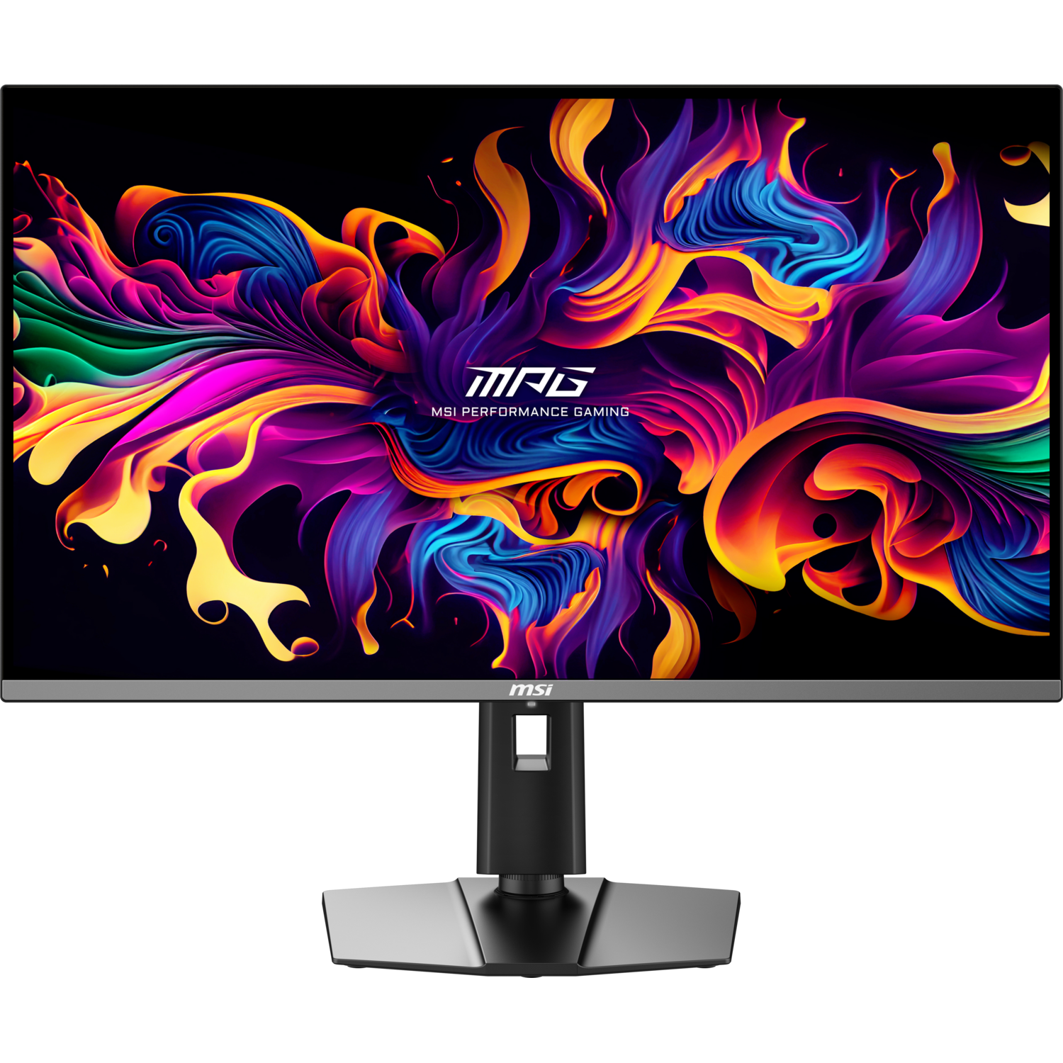 MSI monitor displays colorful art. Black stand, silver frame.
