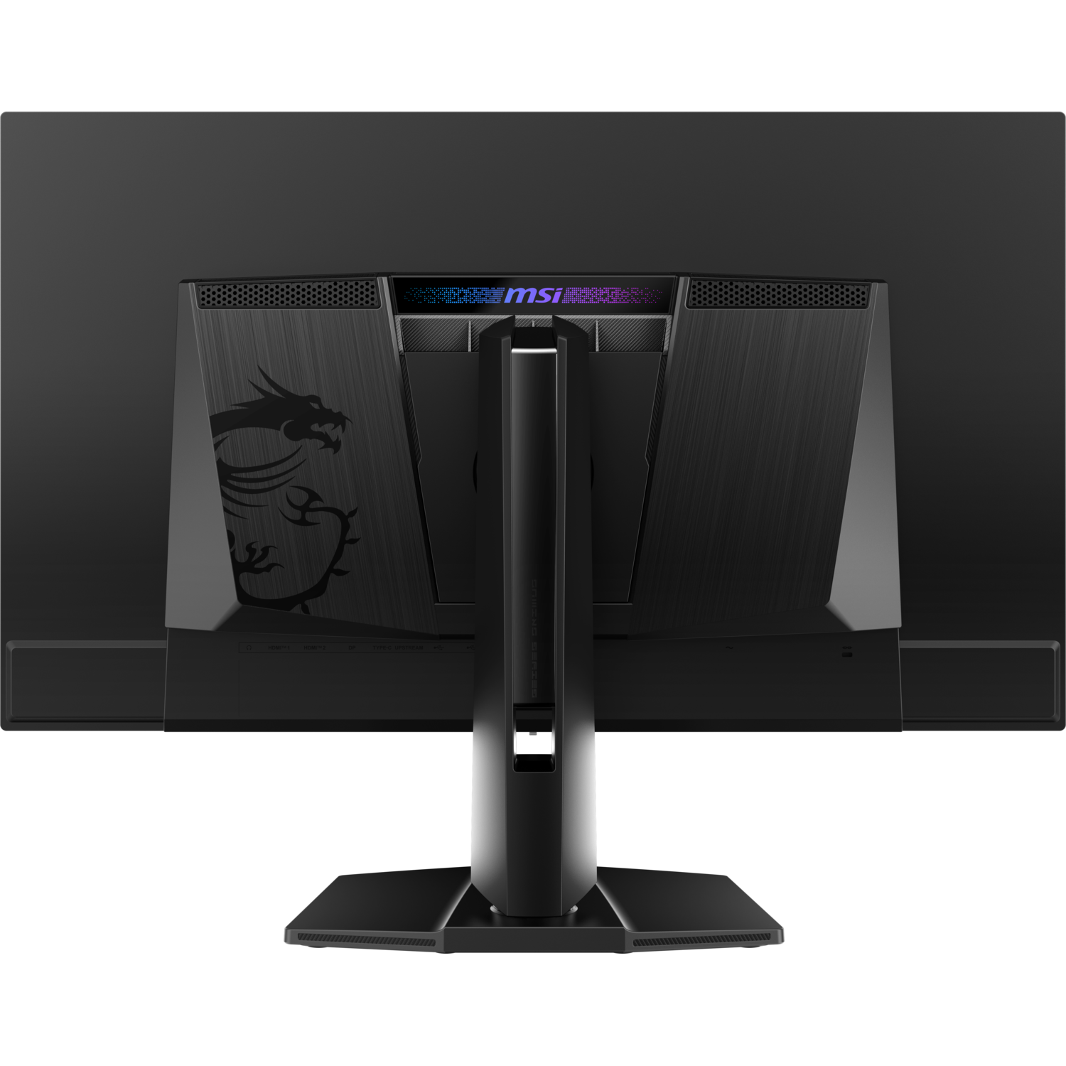 Black computer monitor, dragon graphic, ports and stand on black surface.