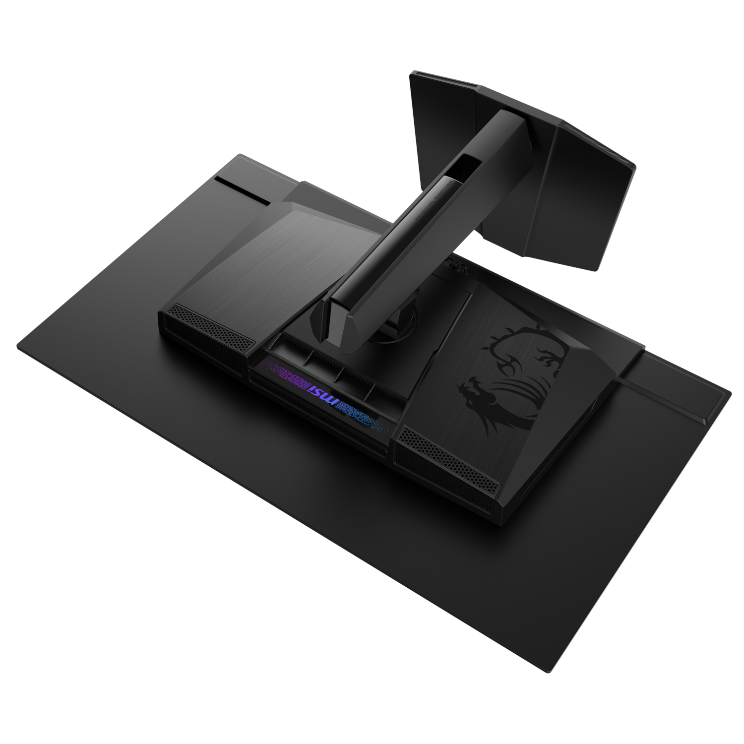 The back view of a black computer monitor, showing the stand and back details.