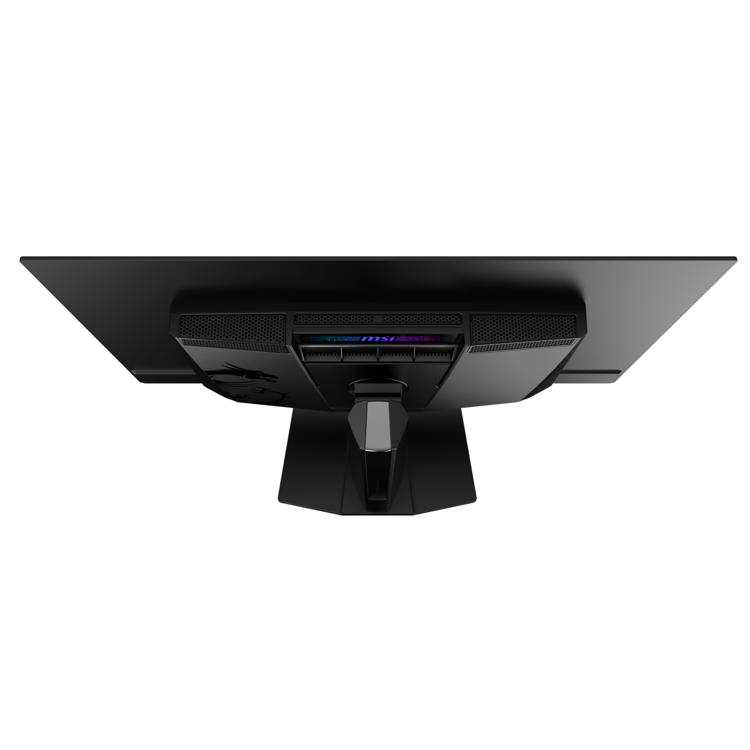 Top view of a black computer monitor with the MSI logo on a black background.
