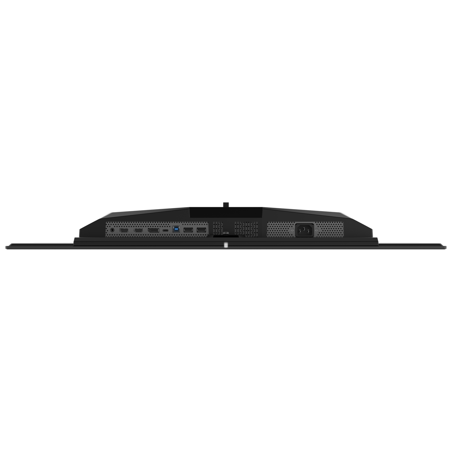 Back of MSI monitor showing ports and power input, black background.