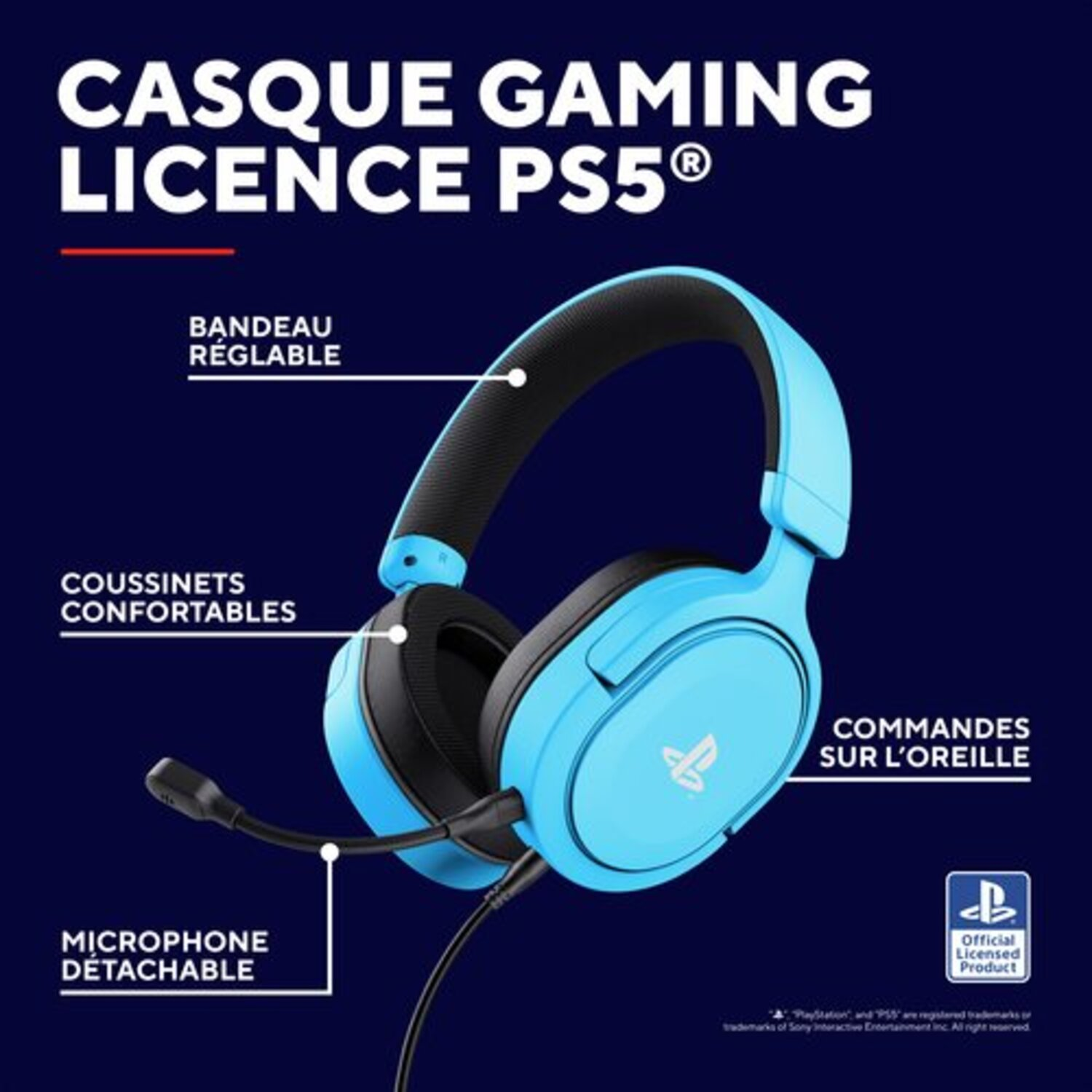 Casque gaming bleu avec micro. Étiquettes blanches décrivent les fonctions.