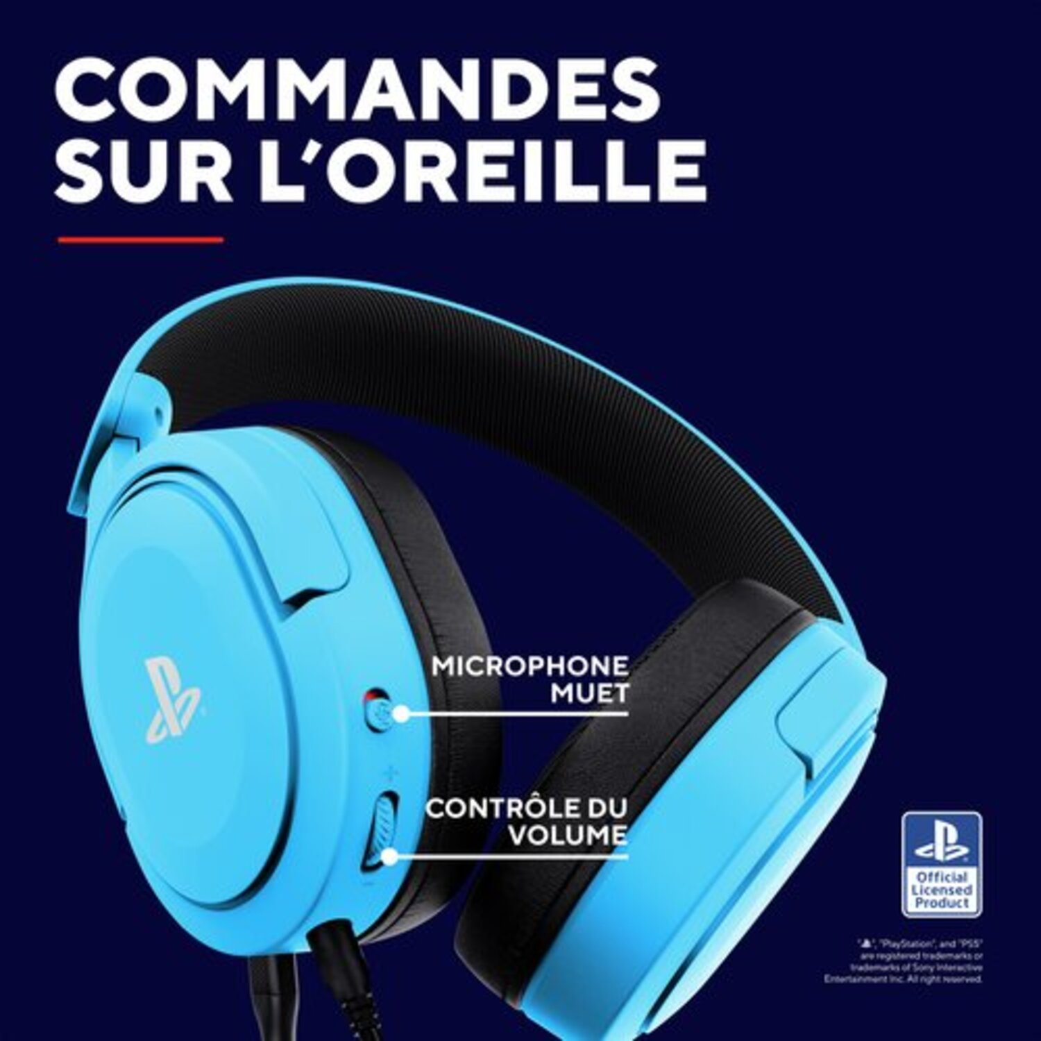 Casque gaming bleu avec micro, contrôle du volume et bouton mute.