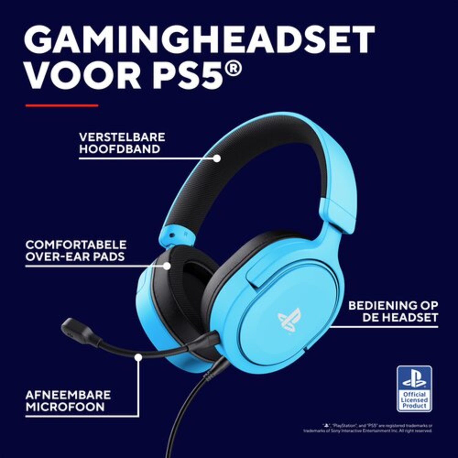 Blue gaming headset with text describing features for PS5.