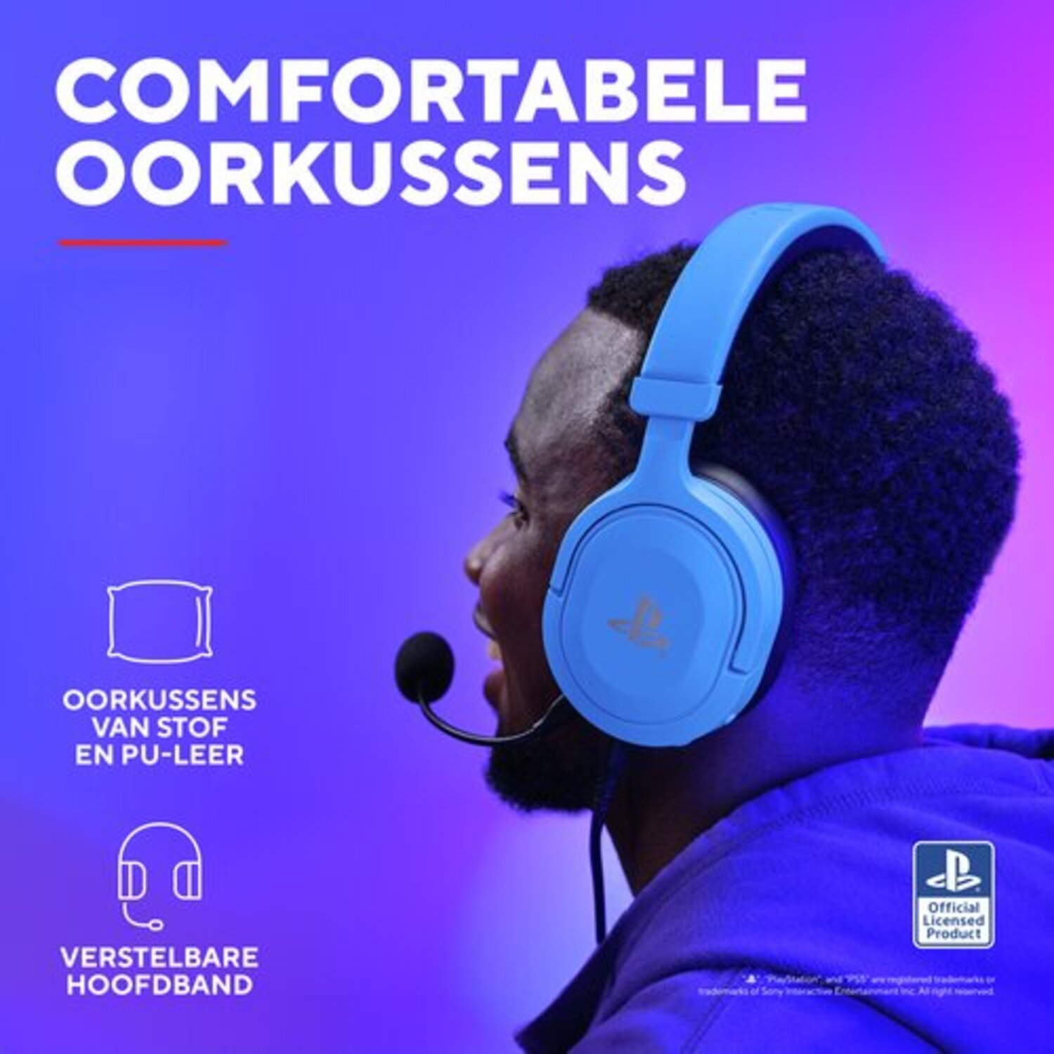 Man wearing blue gaming headset. Features like comfort and adjustable headband are highlighted.