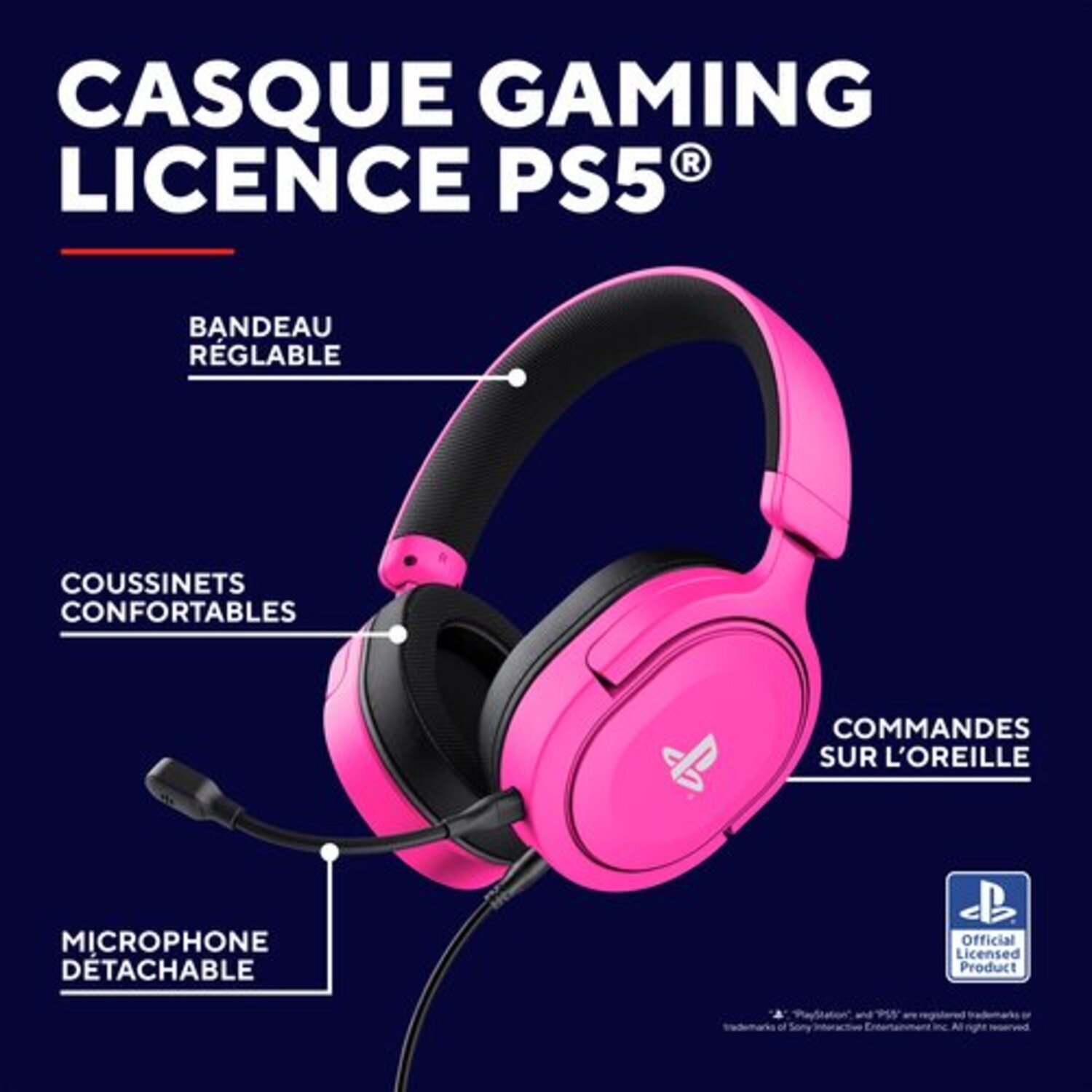 Casque de jeu rose avec microphone détachable et commandes sur l'oreille, étiqueté pour PS5.
