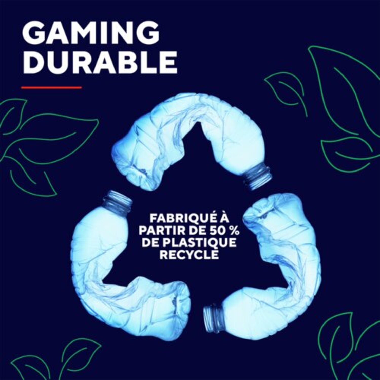Trois bouteilles en plastique dans un symbole de recyclage. Texte : Fabriqué avec 50% de plastique recyclé.