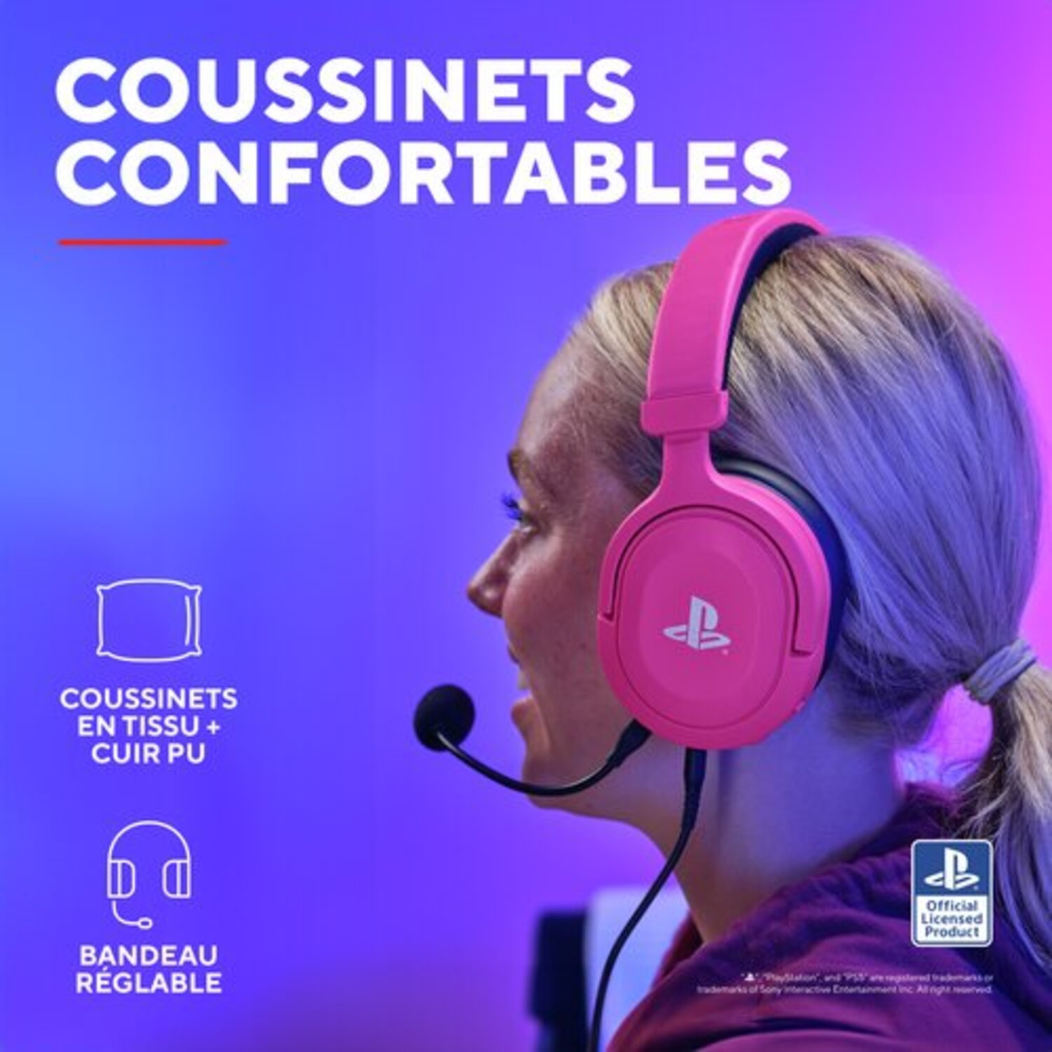 Une femme portant un casque rose et un micro. Texte : coussinets confortables et bandeau réglable.