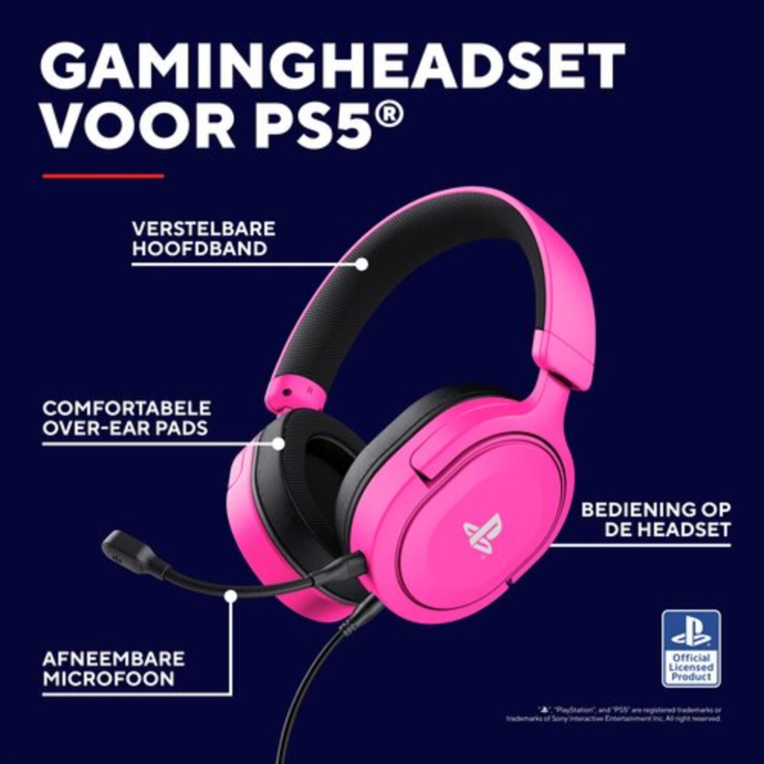 Pink gaming headset for PS5 with adjustable headband, over-ear pads, and detachable mic.