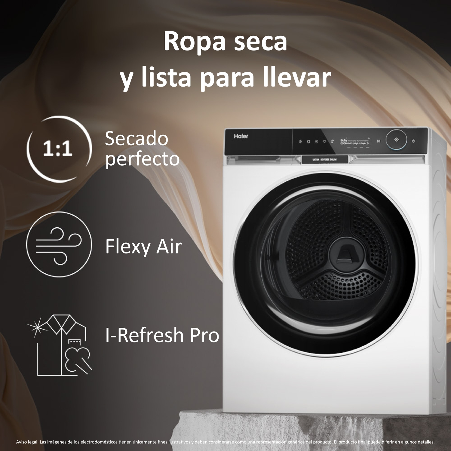 Una secadora Haier blanca sobre una superficie gris, con texto e iconos sobre sus características.