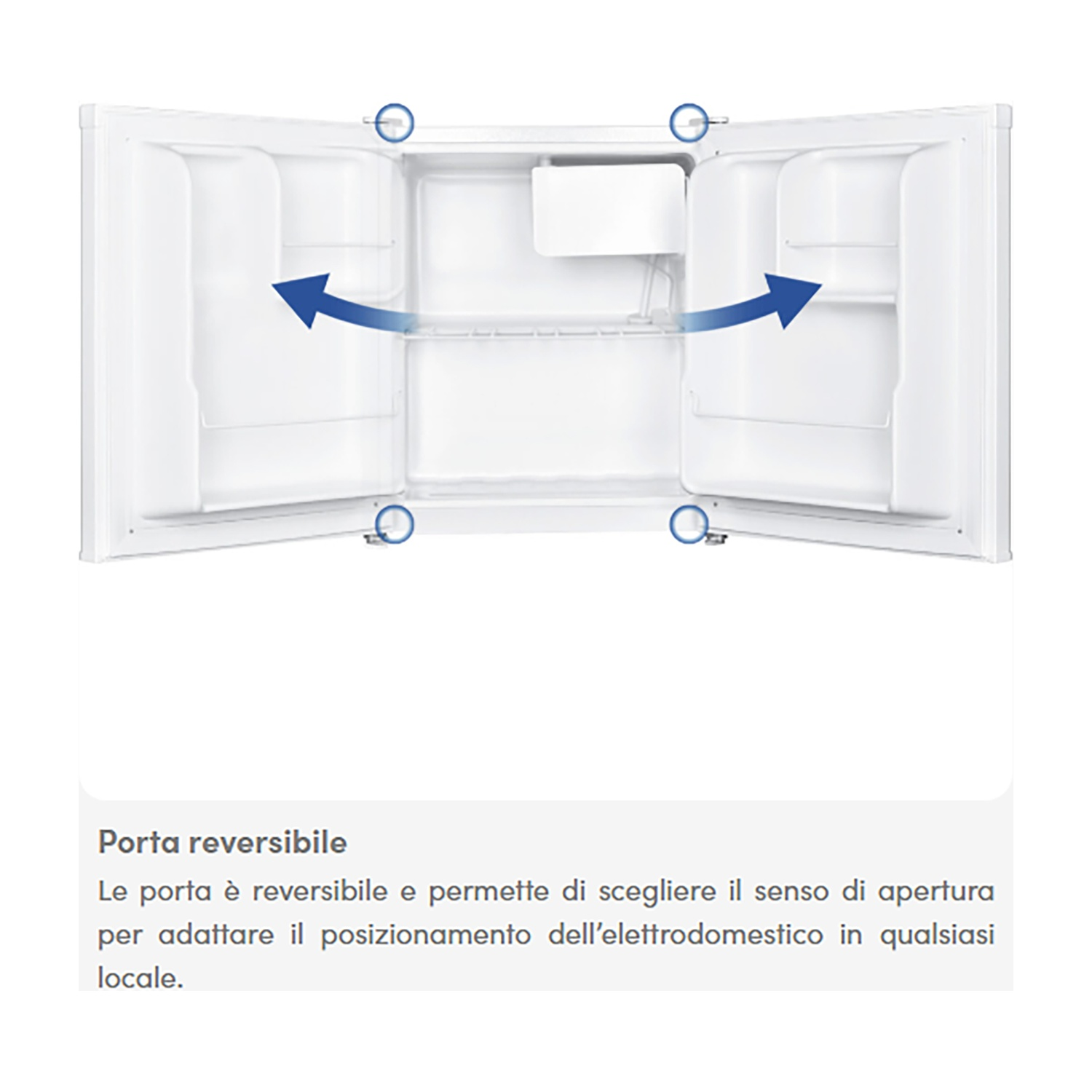 Interno di un frigorifero aperto con frecce blu. La porta è reversibile.