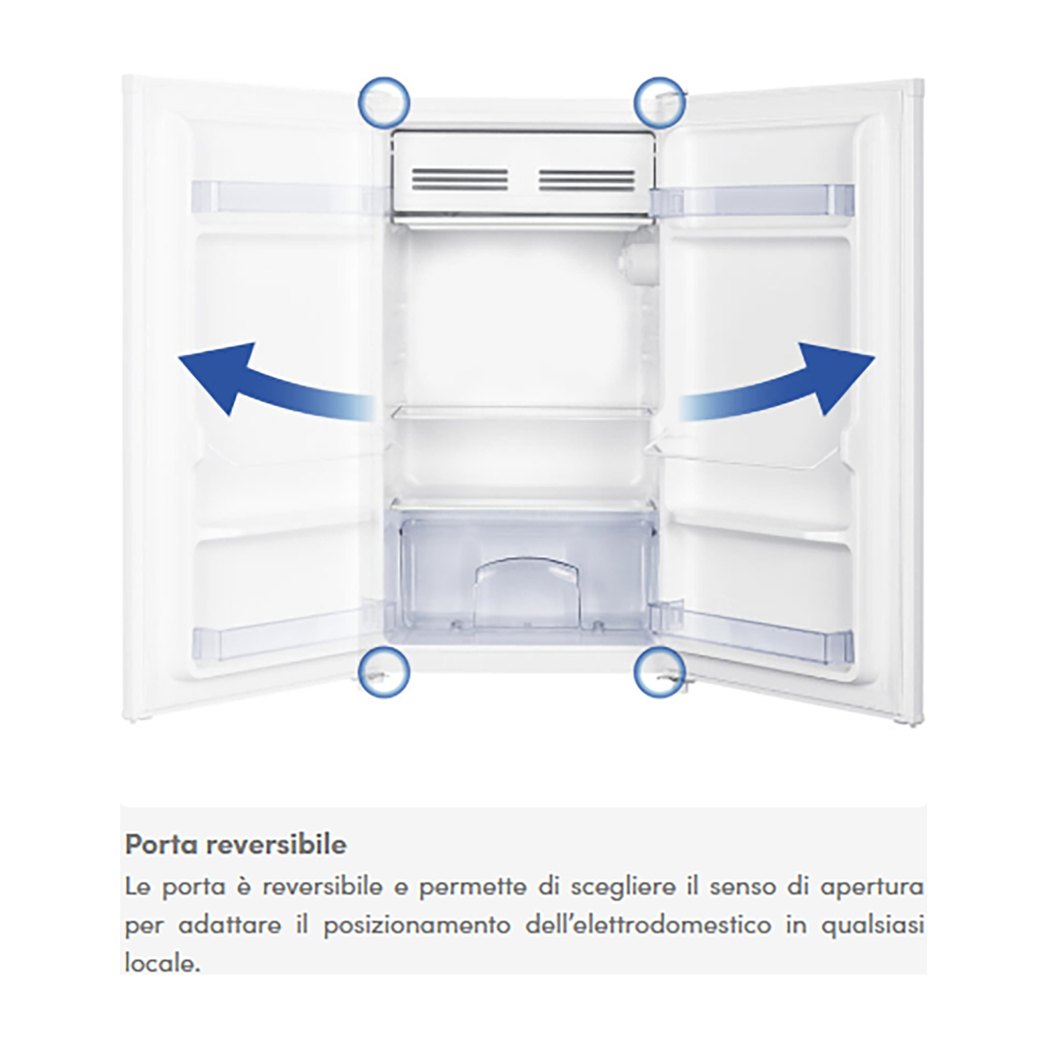 Un frigorifero con porte aperte, interno visibile.