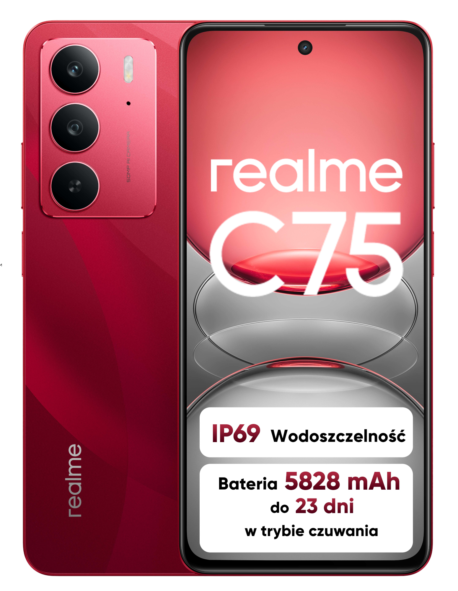 Czerwony smartfon Realme C75 z potrójnym aparatem i tekstem o funkcjach.