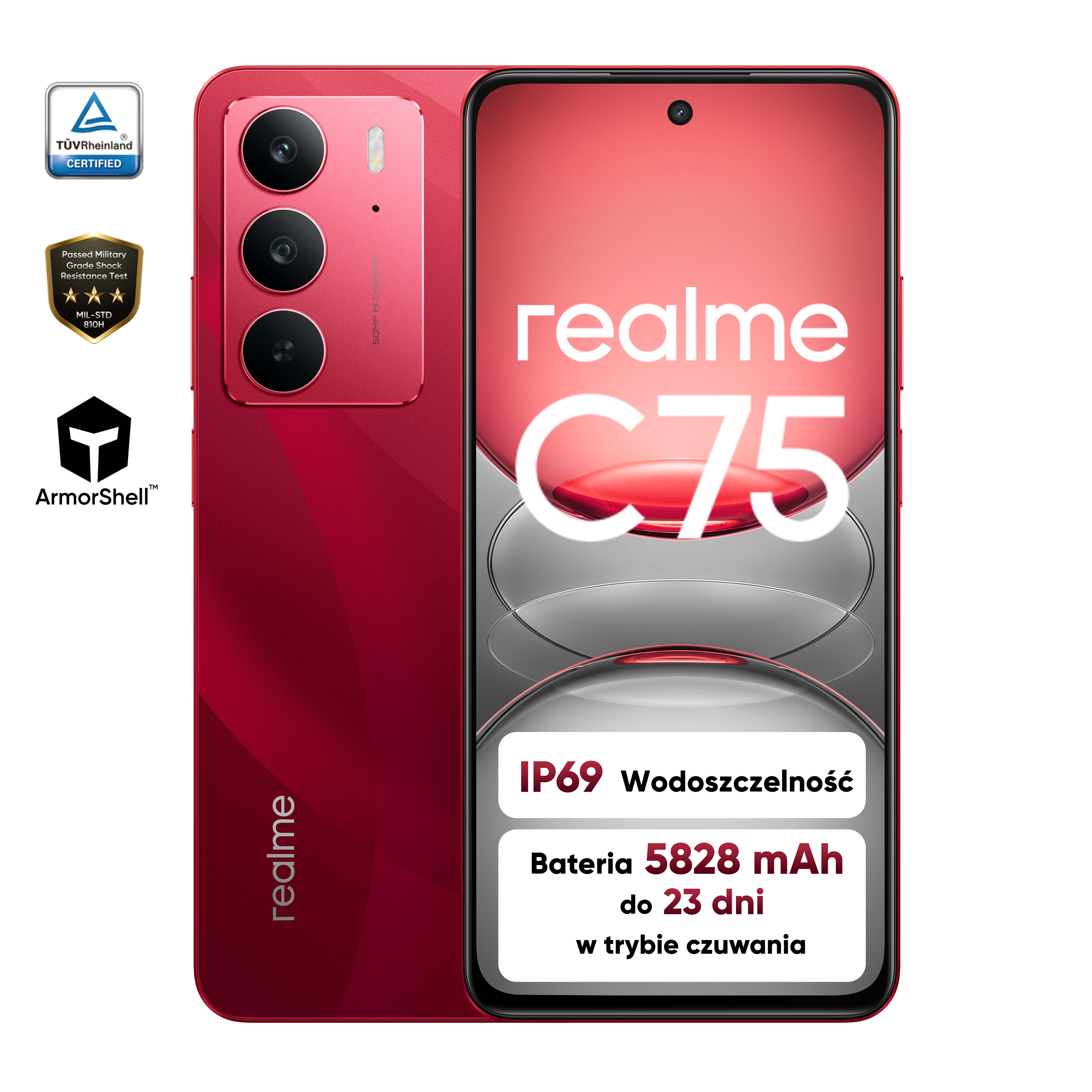 Czerwony telefon Realme C75 z ikonami i tekstem.