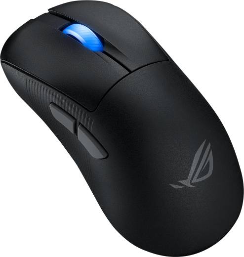 Fekete gamer egér kék görgővel és ROG logóval. Két oldalsó gomb is látható.