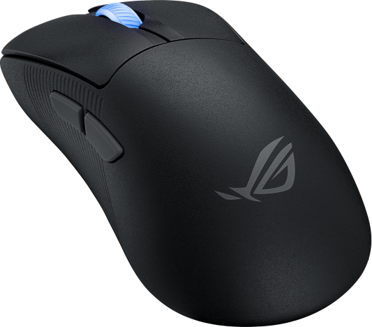 Fekete gamer egér kék világító görgővel és ROG logóval. Oldalsó gombok láthatók.
