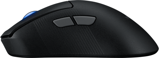 Fekete gamer egér oldala, kék görgővel, oldalsó gombokkal, elegáns dizájnnal.