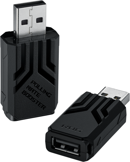 Két fekete USB lekérdezési sebesség-erősítő, látható a 'POLLING RATE BOOSTER' felirattal.