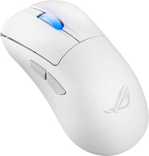 Fehér gamer egér kék világító görgővel és ROG logóval. Oldalsó gombok is láthatók.