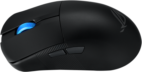 Fekete gamer egér kék görgetőkerékkel, oldalsó gombokkal és ROG logóval.