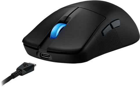 Fekete gamer egér USB-C-vel és csatlakoztatott kábellel.