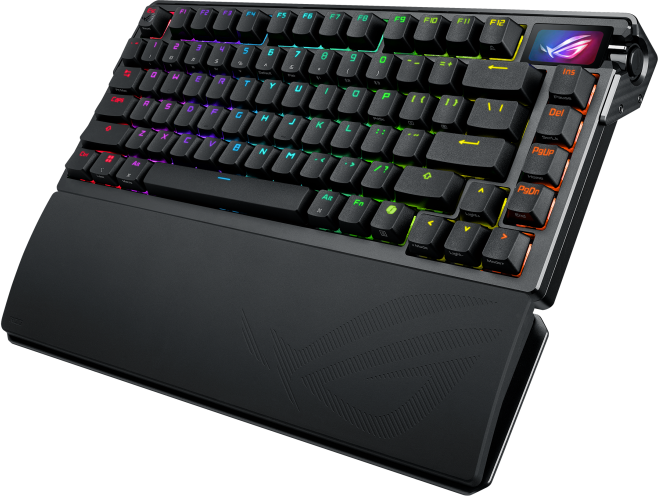 Fekete gaming billentyűzet csuklótámasszal, RGB billentyűk, kis képernyővel.