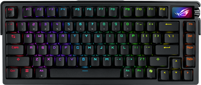 Fekete billentyűzet, RGB háttérvilágítású billentyűk, szögletes felülnézet, ROG logóval.