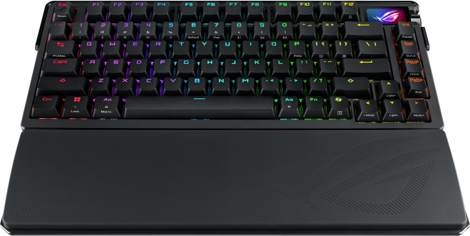 RGB világítású gamer billentyűzet, fekete, csuklótámasszal.