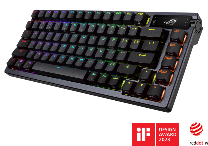 Fekete gaming billentyűzet, szögletes nézet, RGB billentyűk, kis képernyő, díjak.