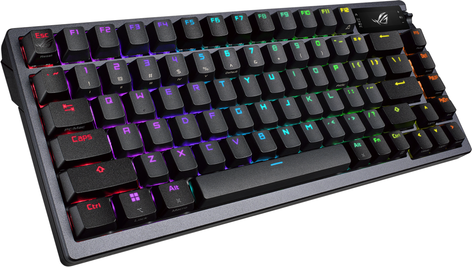 Fekete gaming billentyűzet, szögletes felülnézet, RGB billentyűk, fekete háttér, ROG logó.