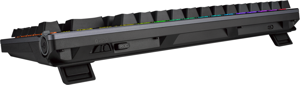 Fekete gaming billentyűzet oldalsó nézete, oldalsó gombok és USB port látható.