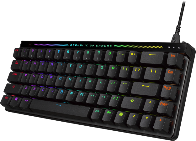 Fekete gamer billentyűzet RGB gombokkal. A billentyűzet fekete felületen van.