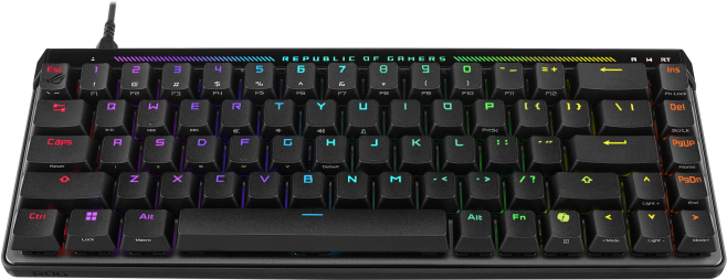 Fekete billentyűzet, színes világítású gombok. Republic of Gamers logóval.