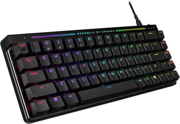 Fekete billentyűzet színes gombokkal. A Republic of Gamers logójával.
