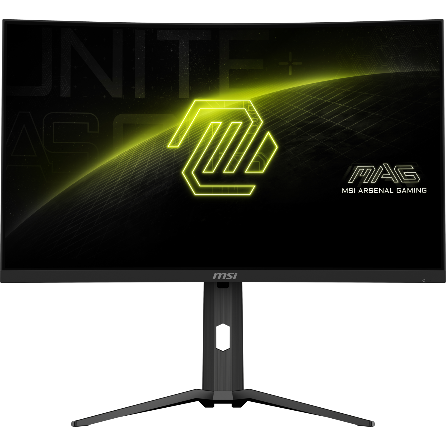 A curved gaming monitor with a black frame, displaying the MSI logo and a yellow design.