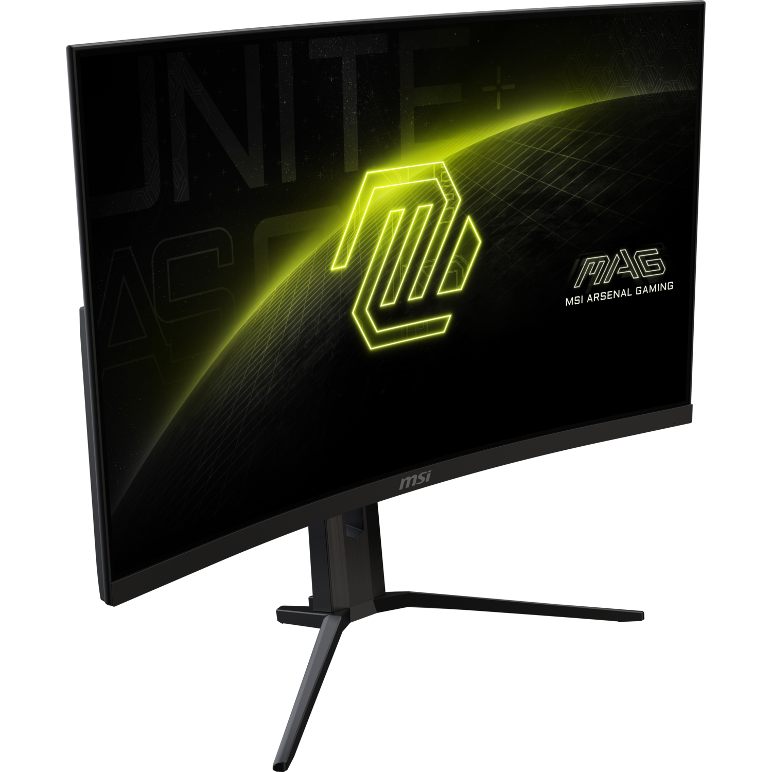 Curved black monitor with yellow logo and text. MSI ARSENAL GAMING is written.