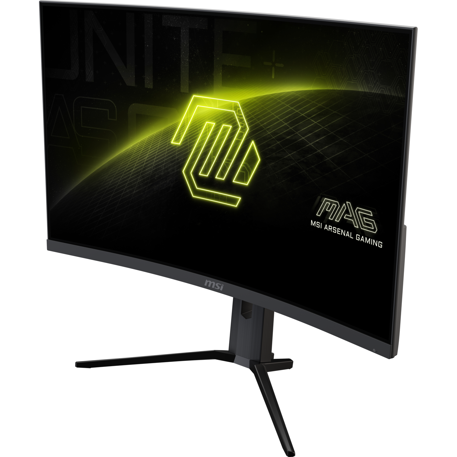Curved black monitor with yellow logo and text. MSI ARSENAL GAMING is written.