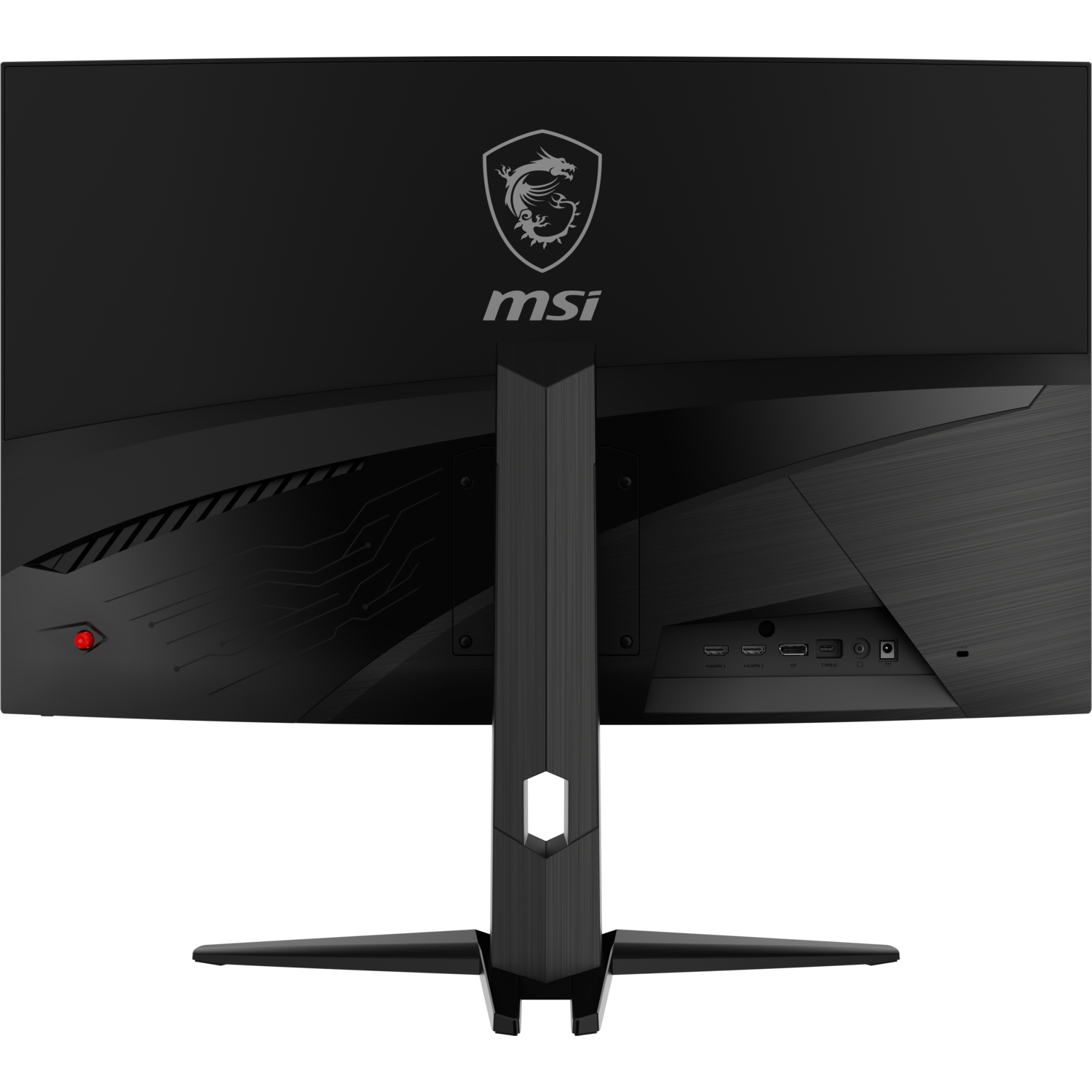 The back of a black MSI gaming monitor with the MSI logo and ports at the bottom.