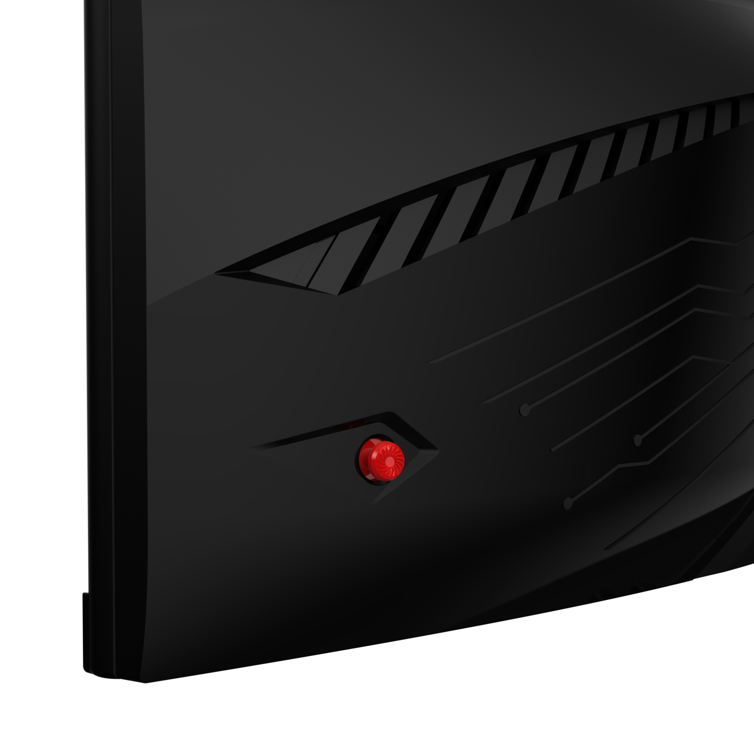 Close-up of a black monitor's back. Red button is visible.