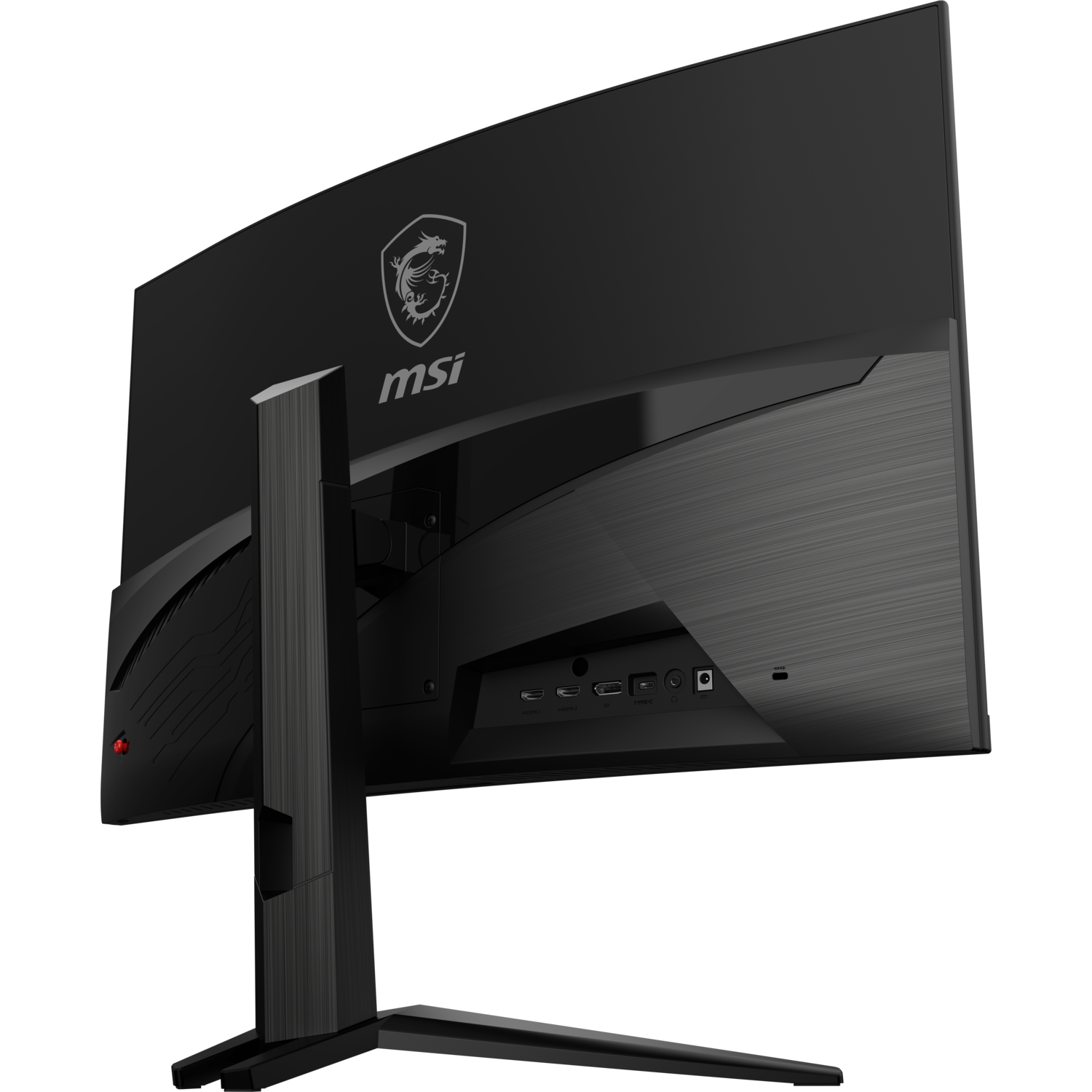 Black monitor's back with MSI logo and ports. The stand is visible.