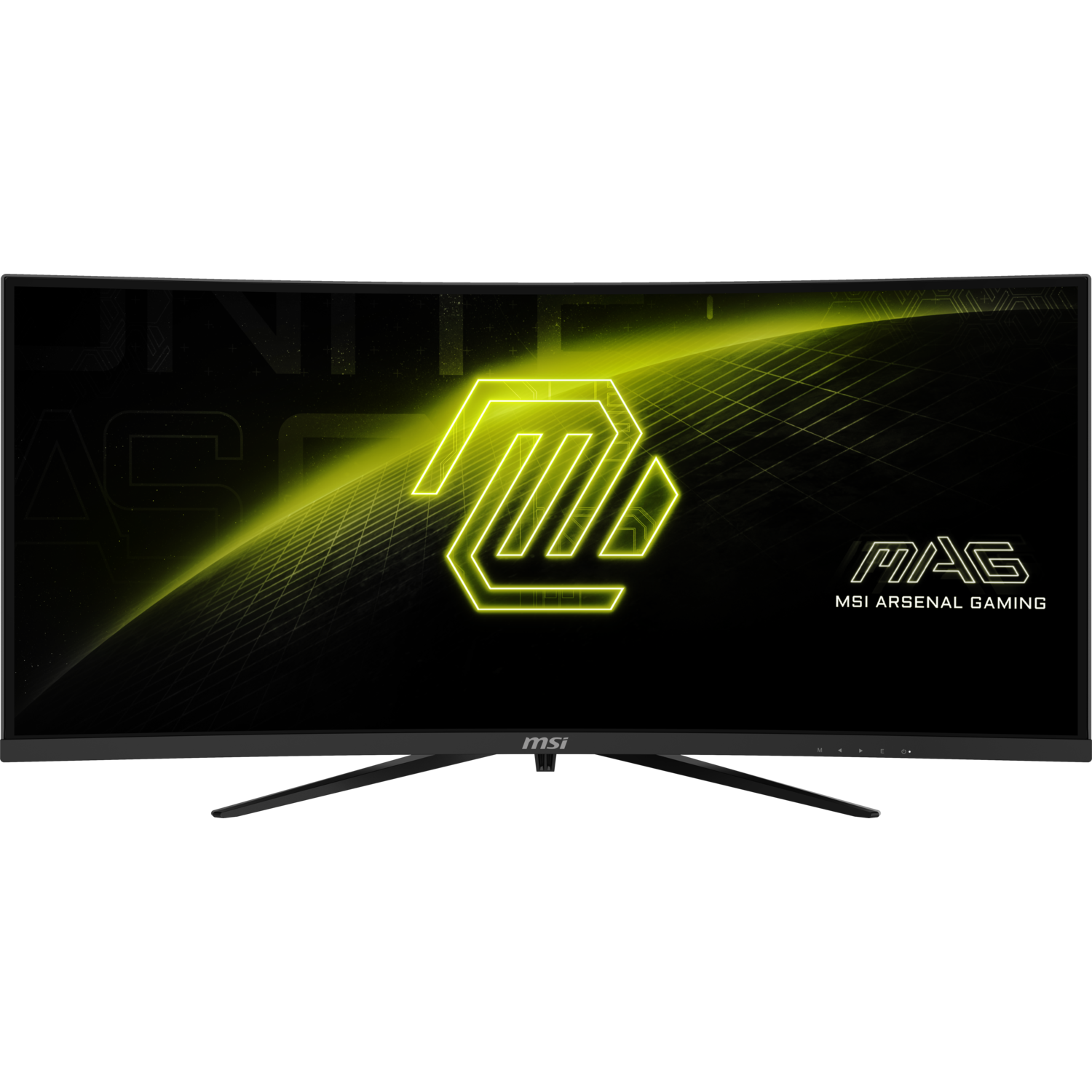 Black curved monitor, yellow logo and text. MSI ARSENAL GAMING is written.