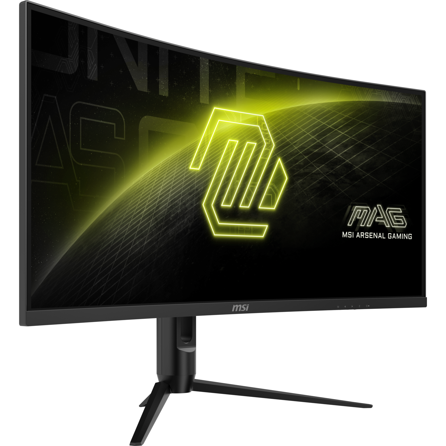 Curved MSI monitor. Yellow logo and text. Black stand. Background has a yellow grid design.