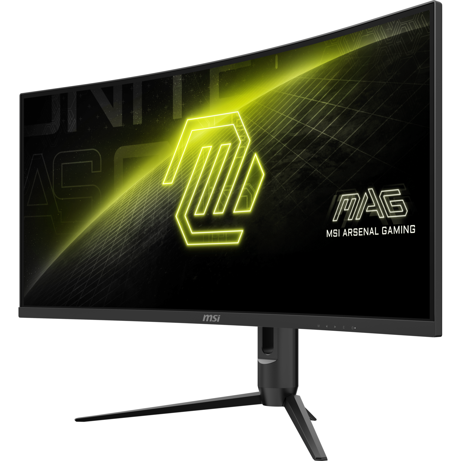 A curved monitor with a green and yellow logo on the screen.