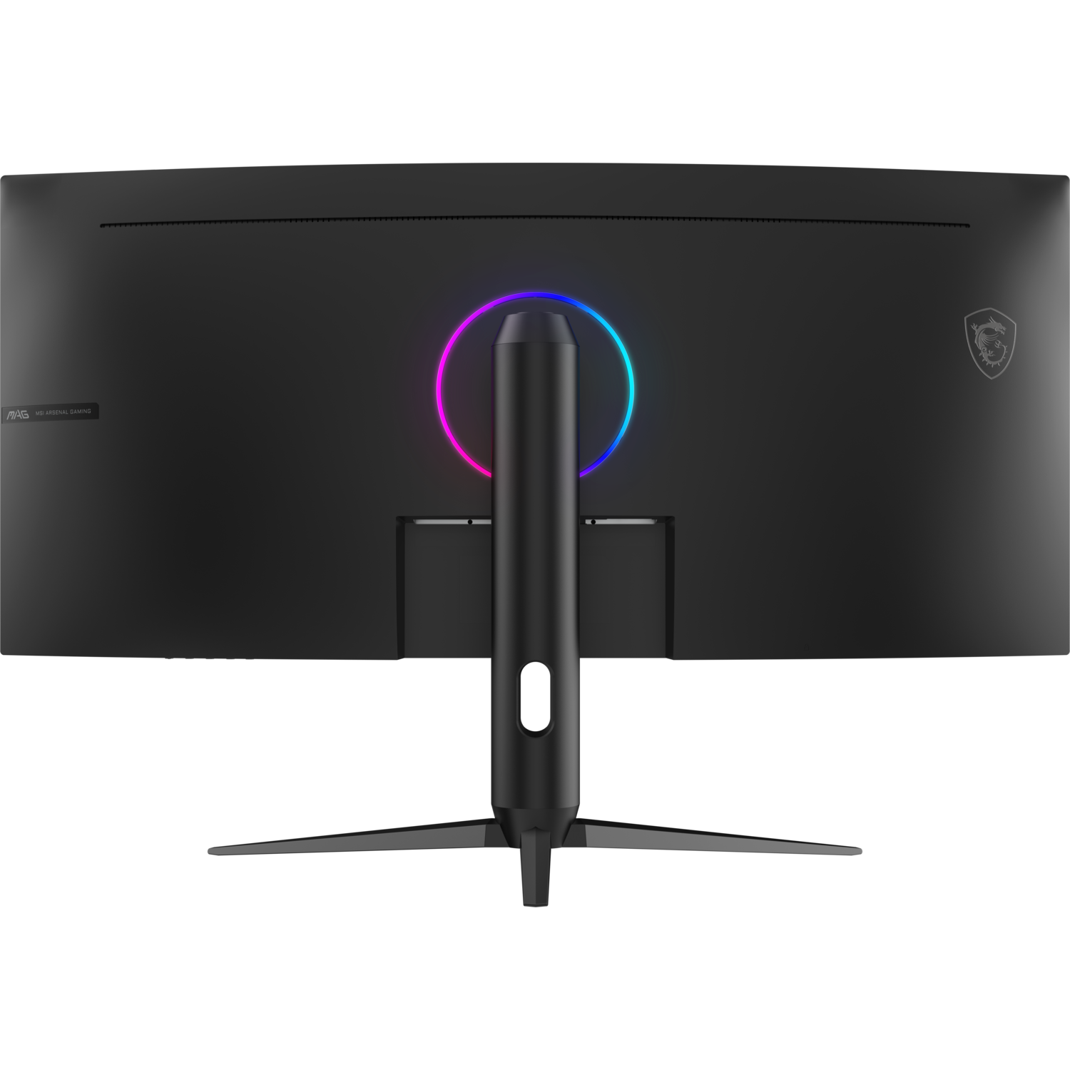 The back of a black computer monitor with a circular RGB light.