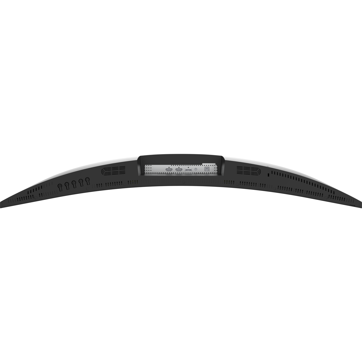 Top view of a curved monitor. Ports and vents are visible. Black frame and back.