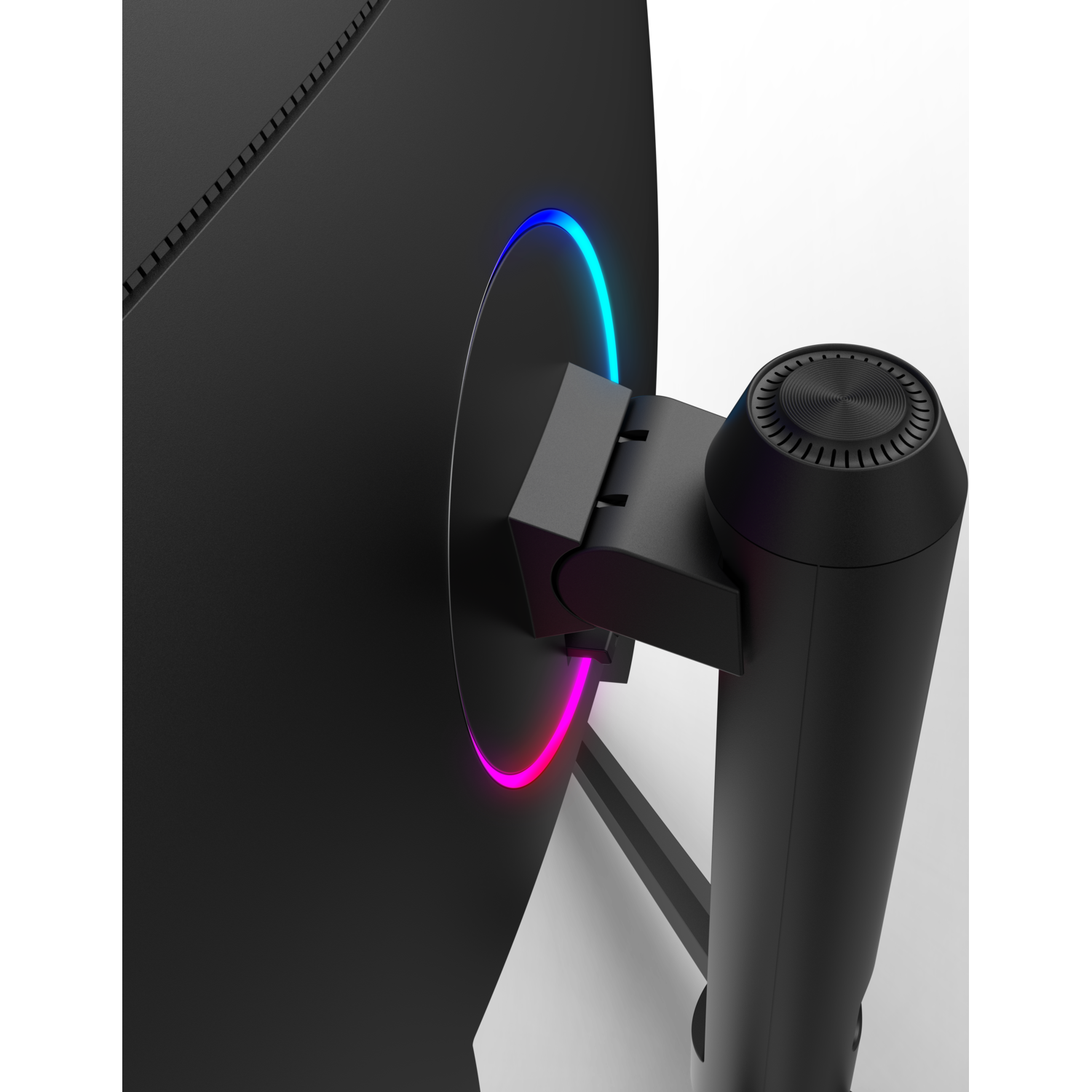 Close-up of monitor's back. Stand with RGB lighting. Black frame.